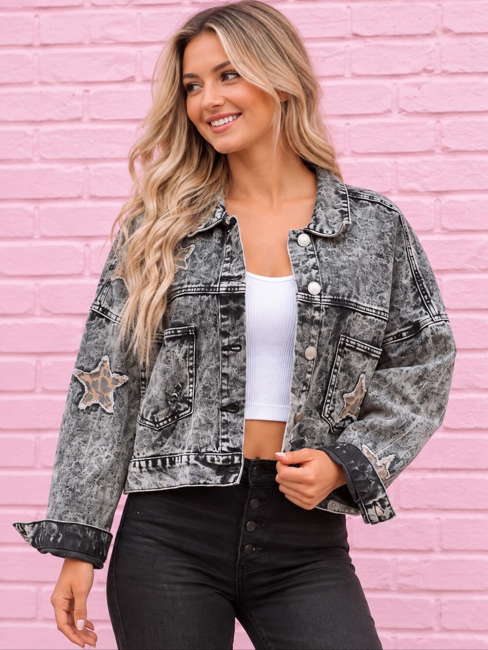 POL Acid Wash Distressed Leopard Star Patch Cropped Denim Jacket Large